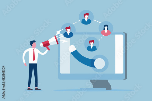 Businessman with megaphone communicating with network of people on computer screen