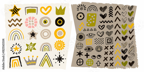 Collection of hand drawn abstract shapes and symbols in earthy tones and yellow colors