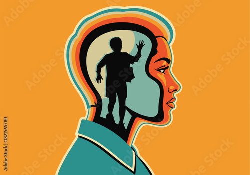 Surreal portrait with silhouette depicting inner child and emotions