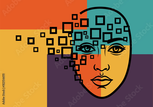 Abstract geometric face transformation with vibrant colors and square elements