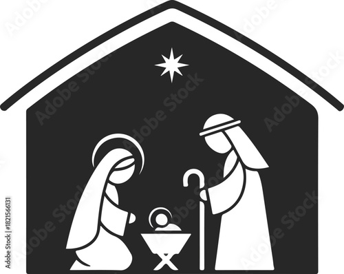 Nativity Scene Icon: An artistic representation of the Nativity scene, symbolizing the birth of Jesus, featuring Mary, Joseph, baby Jesus, and a star.