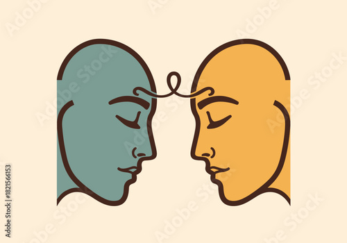 Connected minds: abstract illustration of two faces with symbolic elements