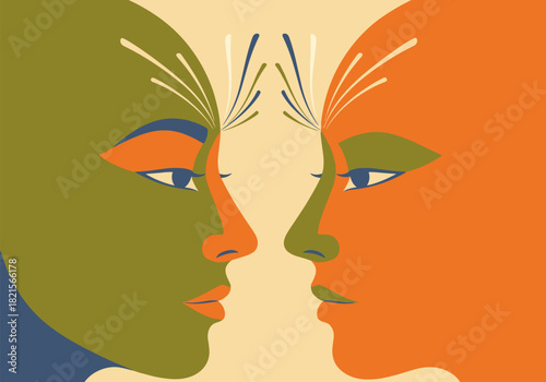 Abstract duality: colorful face profiles in symmetrical modern art design