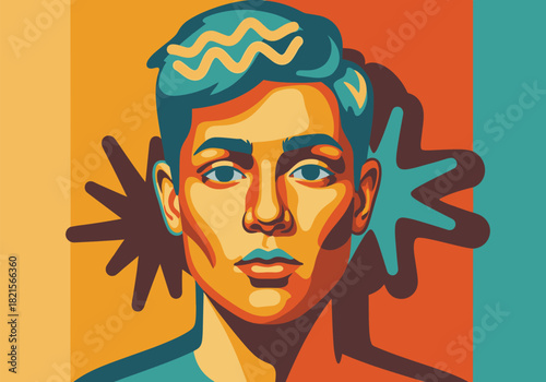 Bold pop art portrait of a man with colorful abstract background