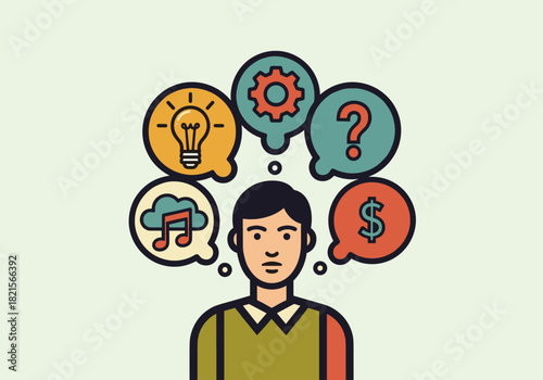 Thinking person with colorful idea and question symbols in modern flat style