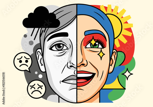 Split faces of emotions in colorful and monochrome pop art style