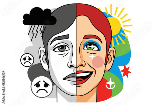 Contrast of emotions: black and white vs colorful half face with weather symbols