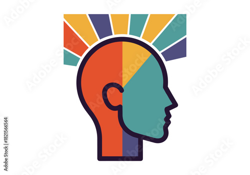 Abstract human head with colorful geometric elements and radiant background