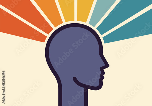 Human head silhouette with colorful radiating ideas in minimalist design