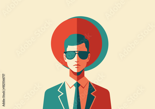 Retro minimalist portrait of a stylish man in sunglasses and suit