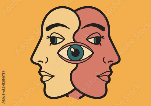 Surreal dual face with central eye on yellow background in flat design