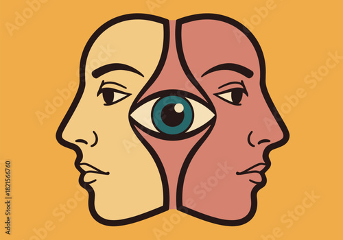Surreal dual faces with central eye on bright background design