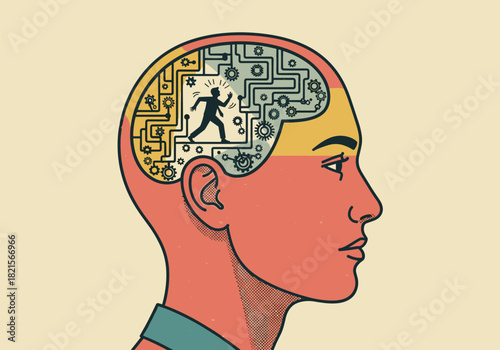 Human mind concept art with circuitry maze and walking figure