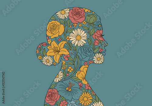 Floral silhouette profile with colorful flowers on teal background
