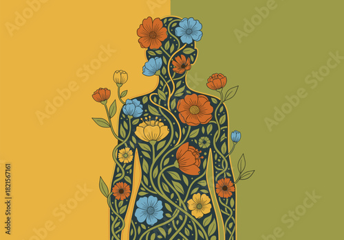 Floral human silhouette with colorful botanical patterns on dual-tone background