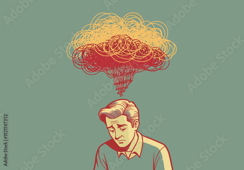 Overwhelmed man with chaotic cloud depicting stress and anxiety in retro style