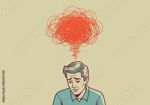 Sad man with chaotic thoughts in a retro style illustration