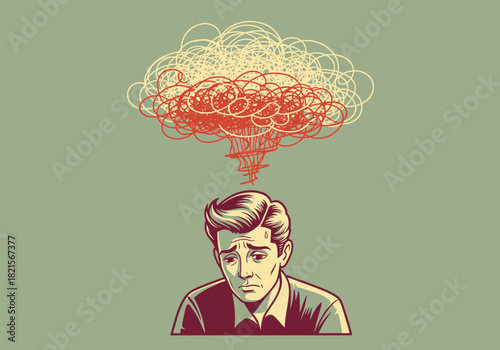 Retro style worried man with chaotic thought cloud on green background