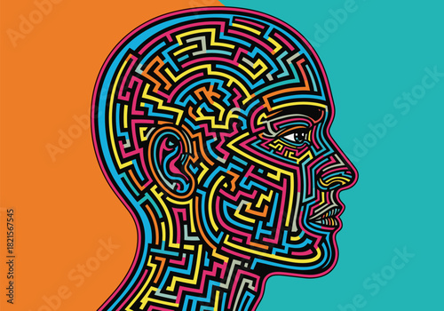 Colorful maze patterned human profile on vibrant split background