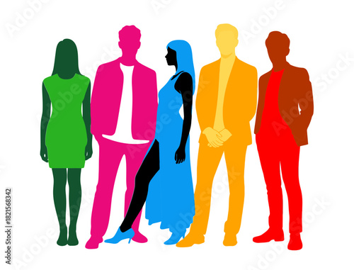 Colorful fashion models group standing together style and trends concept