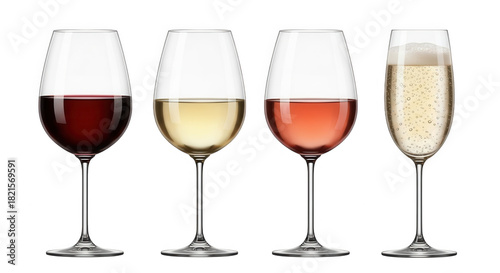 Four wine glasses with red, white, rose, and sparkling wine isolated on transparent background