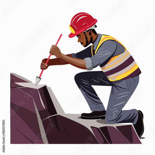 Miner carefully examines rock formation with pickaxe in underground mine, searching for valuable minerals in a dimly lit, dangerous environment.