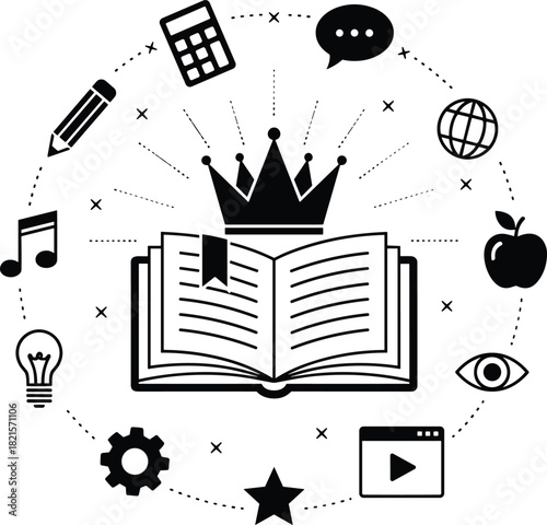 Open Book with Crown Surrounded by Diverse Educational Icons