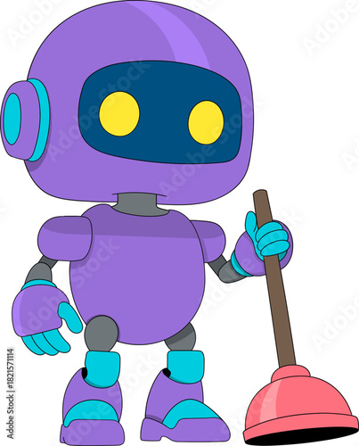 Cute Futuristic AI Robot Plumber Holding a Plunger in Colorful Cartoon Style on Transparent Background
