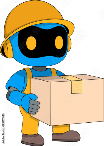 Cute futuristic AI robot worker carrying a cardboard box with safety helmet in modern cartoon style