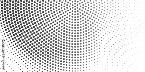 Radial halftone spotted gradient background. Dotted stains concentric texture with fading effect. Black and white circle shade wallpaper. Grunge rough vector.