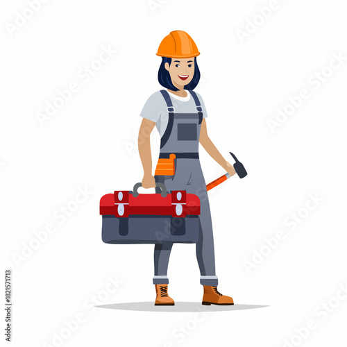 Smiling female construction worker carrying toolbox and hammer on construction site, ready to start repairs with a positive and confident attitude.