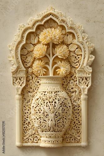 Intricate Jali Carving with Floral Vase Motif on Ivory-Colored Arch Background

