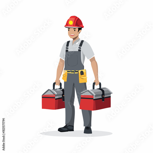 Smiling construction worker holding two red toolboxes while standing on a white surface, ready for a new project with a positive attitude.