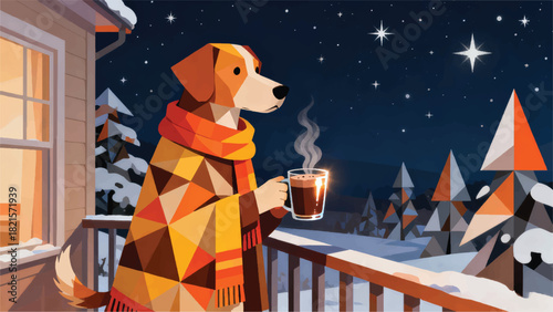 Illustration Of A Dog Wearing A Scarf Standing On The Porch Of A House While Carrying A Glass Filled With Hot Chocolate Vector Design Template