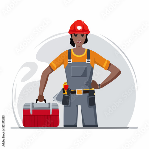 Smiling female construction worker holding toolbox and wearing hard hat, confidently posing in front of construction site, radiating professionalism and competence.