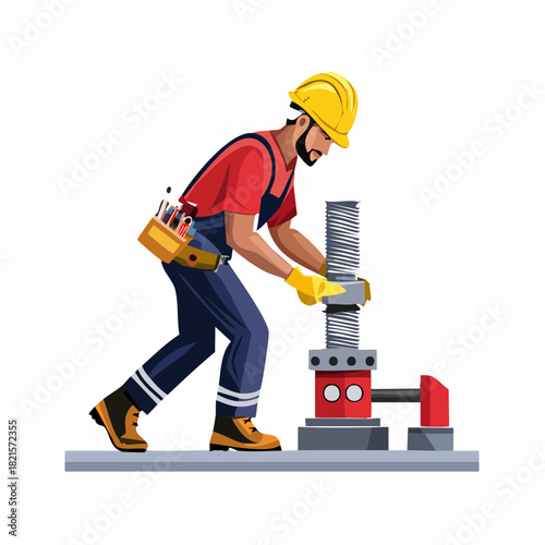 Construction worker assembling metal structure on industrial site wearing safety gear and using tools with focused determination.