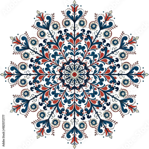 Intricate Mandala Design: A mesmerizing intricate mandala, radiating outwards from a central point, showcasing an elaborate floral design with rich, vibrant colors.