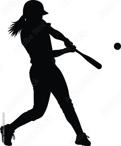 Silhouette of a female baseball player swinging the bat