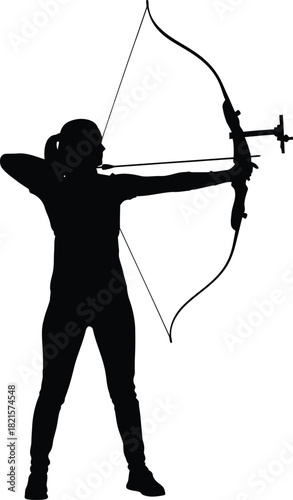 Silhouette of a female archer aiming with bow and arrow