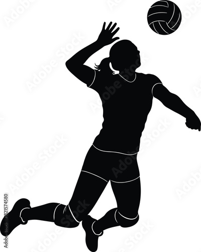 Volleyball player spiking ball silhouette on white background