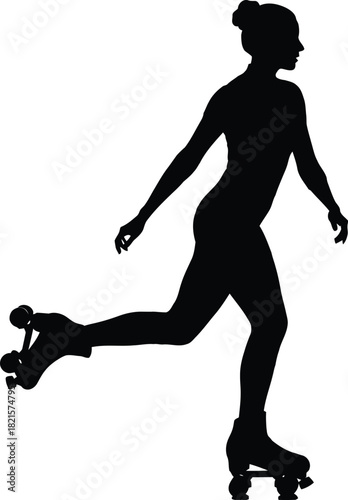 Silhouette of a woman roller skating on white background