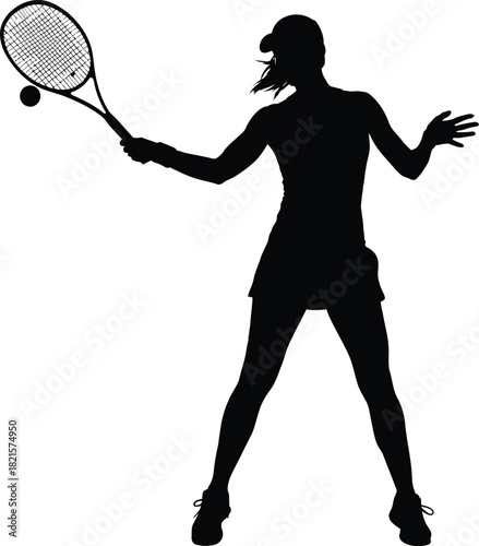 Silhouette of a female tennis player hitting the ball