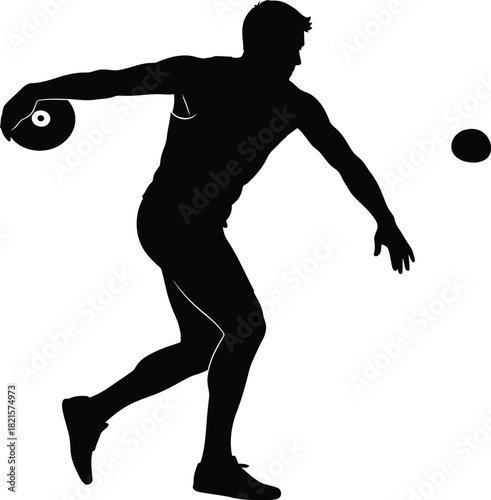 Silhouette of discus thrower in action against white background