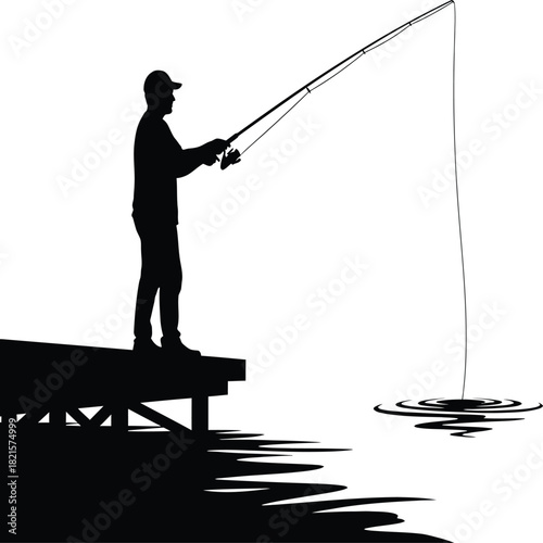 Silhouette of a fisherman on a dock casting a line