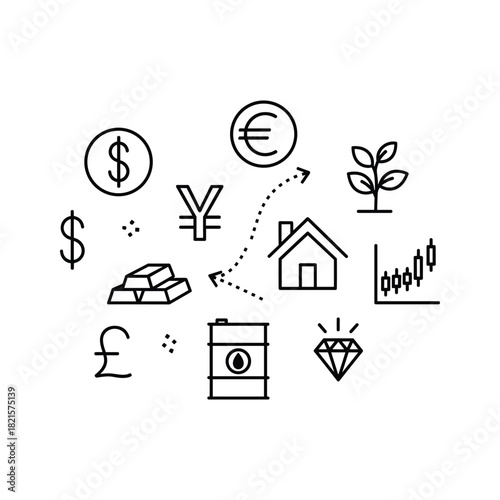 Investment assets line art isolated on white background, financial diversification