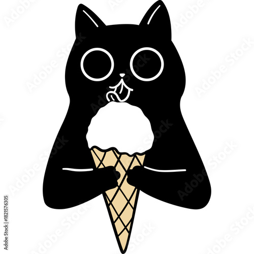 Black Cat Eating Ice Cream cone Illustration