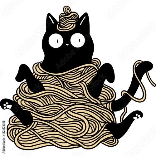 Cartoon Black Cat in a Pile of Spaghetti