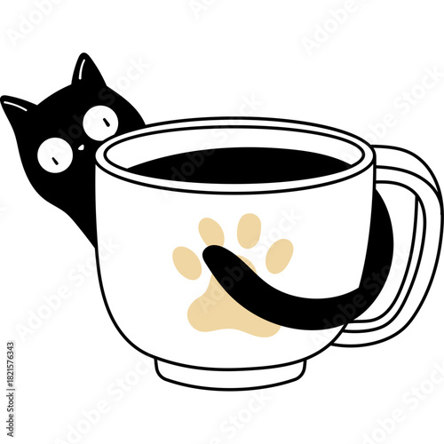 Cartoon Cat hiding behind coffee mug