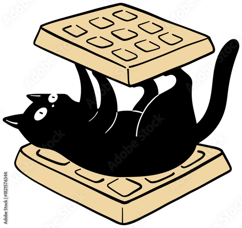 Black Cat Laying between two Waffles