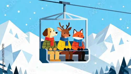Illustration Of A Dog, Deer And Fox, Wearing A Warm Jacket And Scarf, Climbing A Sky Station Vector Design Template